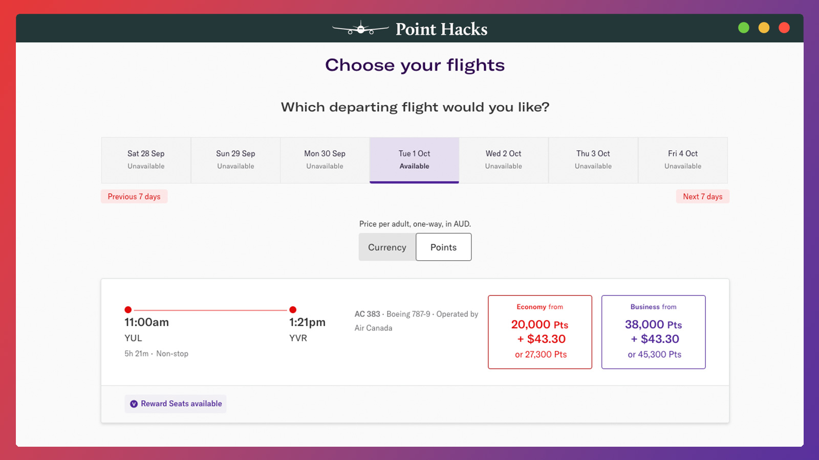 YUL-YVR Air Canada booking Velocity Points - September 2024