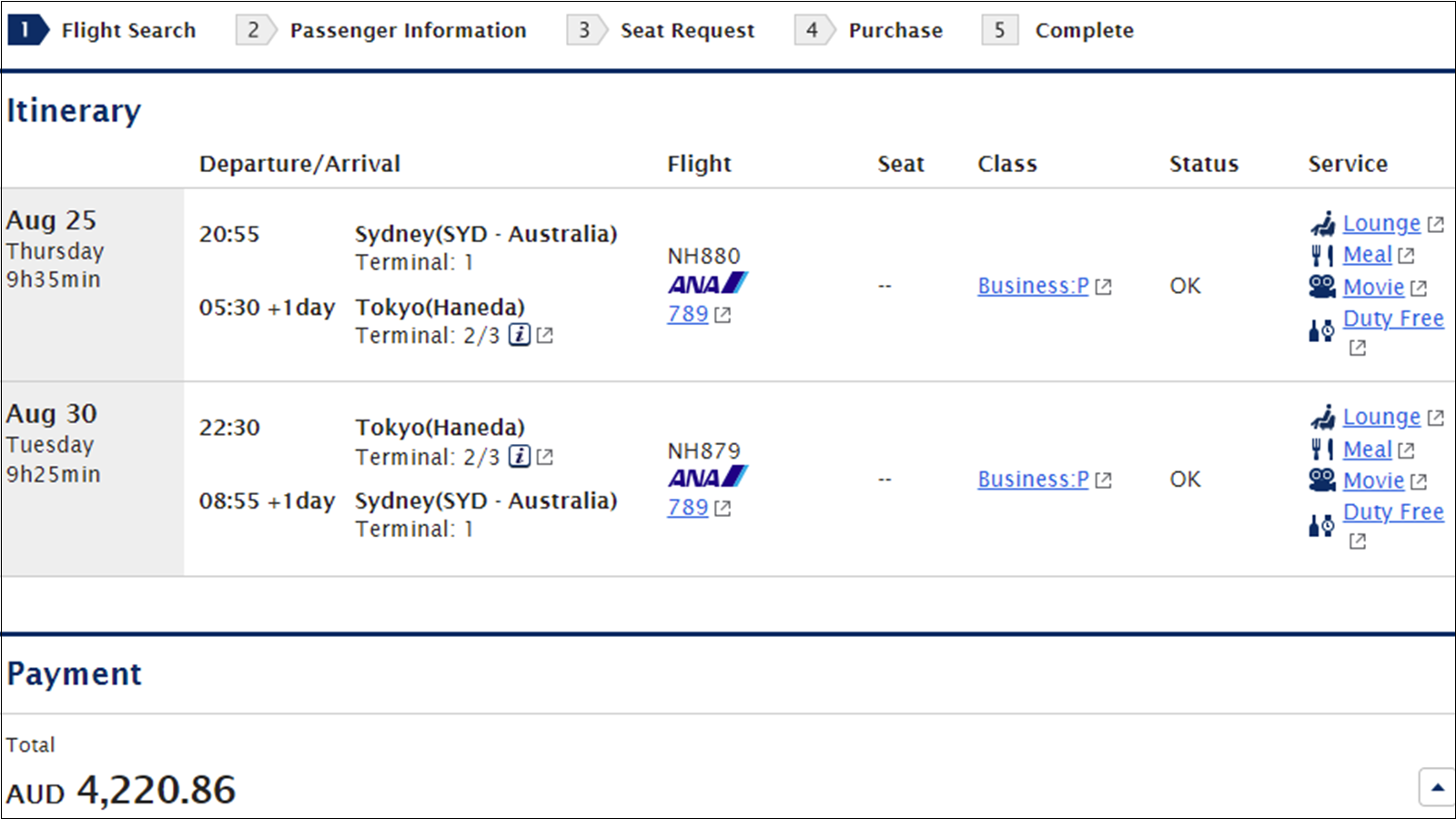 ANA Business Class fare pricing from Sydney to Tokyo