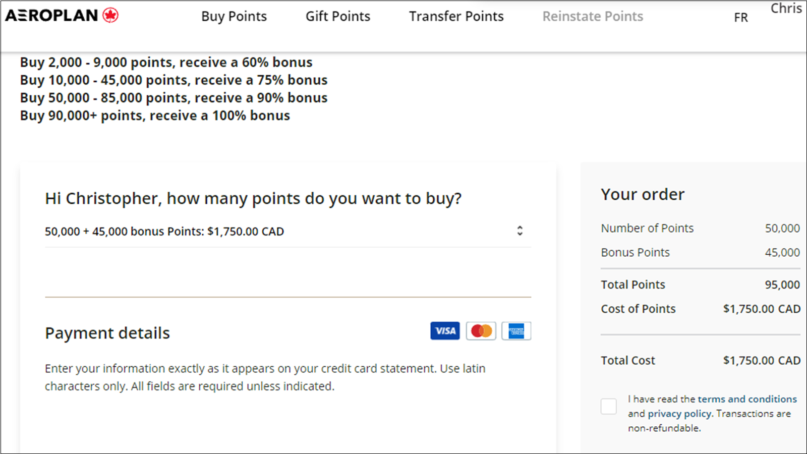 Buy Aeroplan Points with a bonus