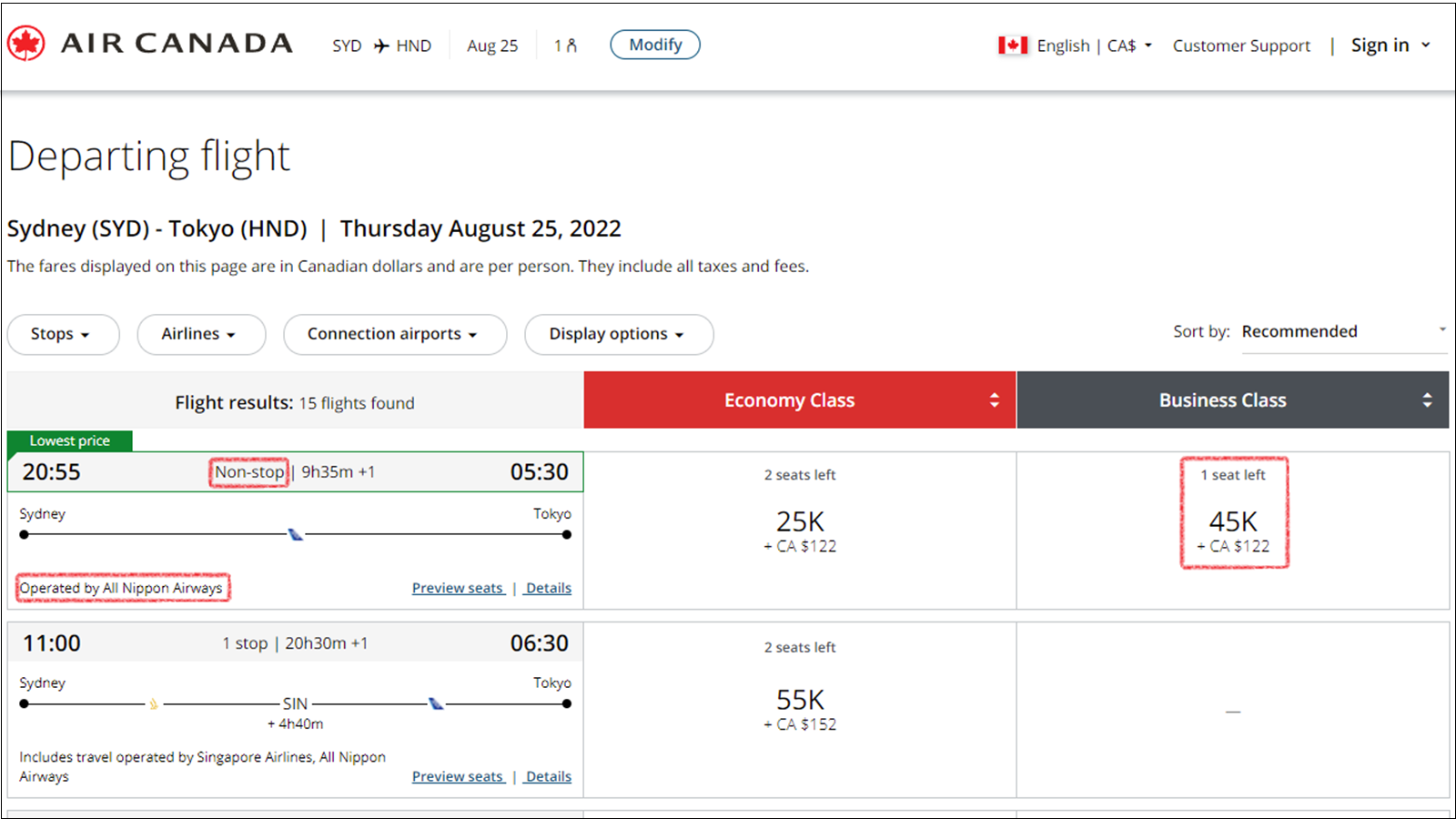 Select flights on Air Canada's website