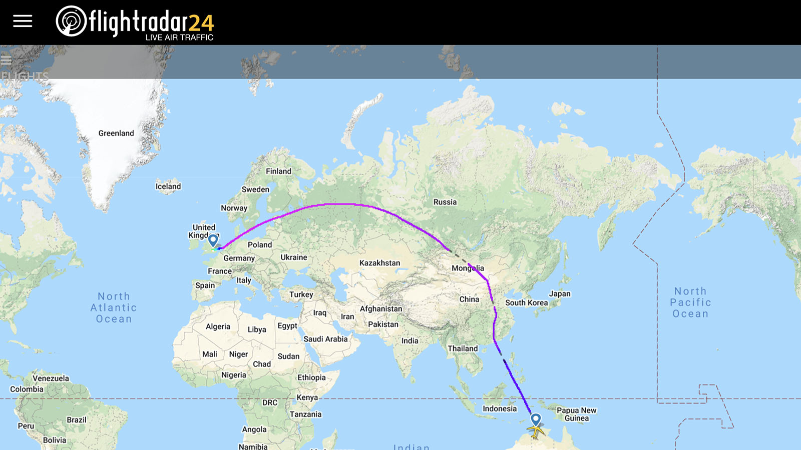 Qantas' former flight path, Darwin to London