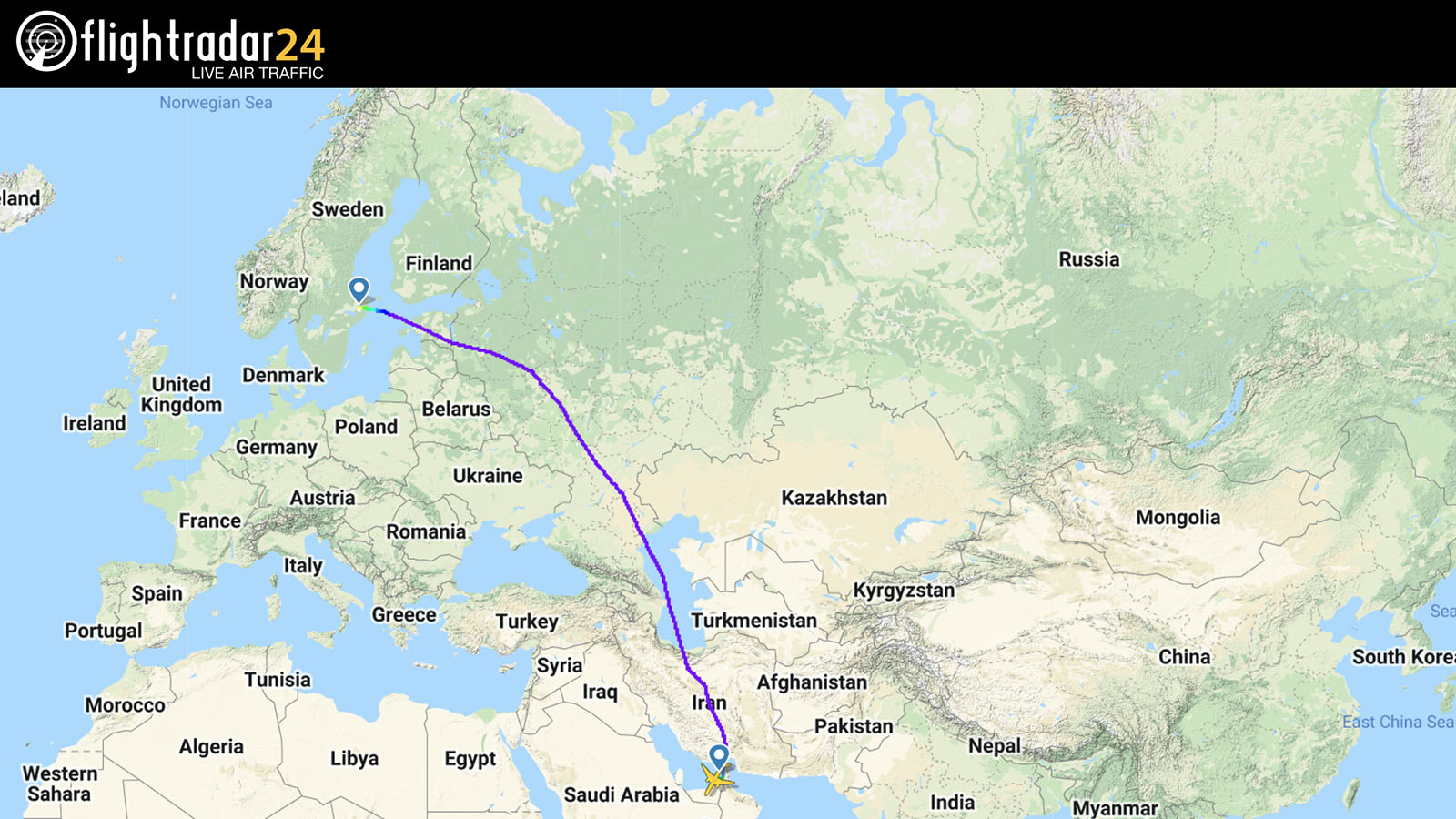 Emirates' previous Dubai-Stockholm flight path
