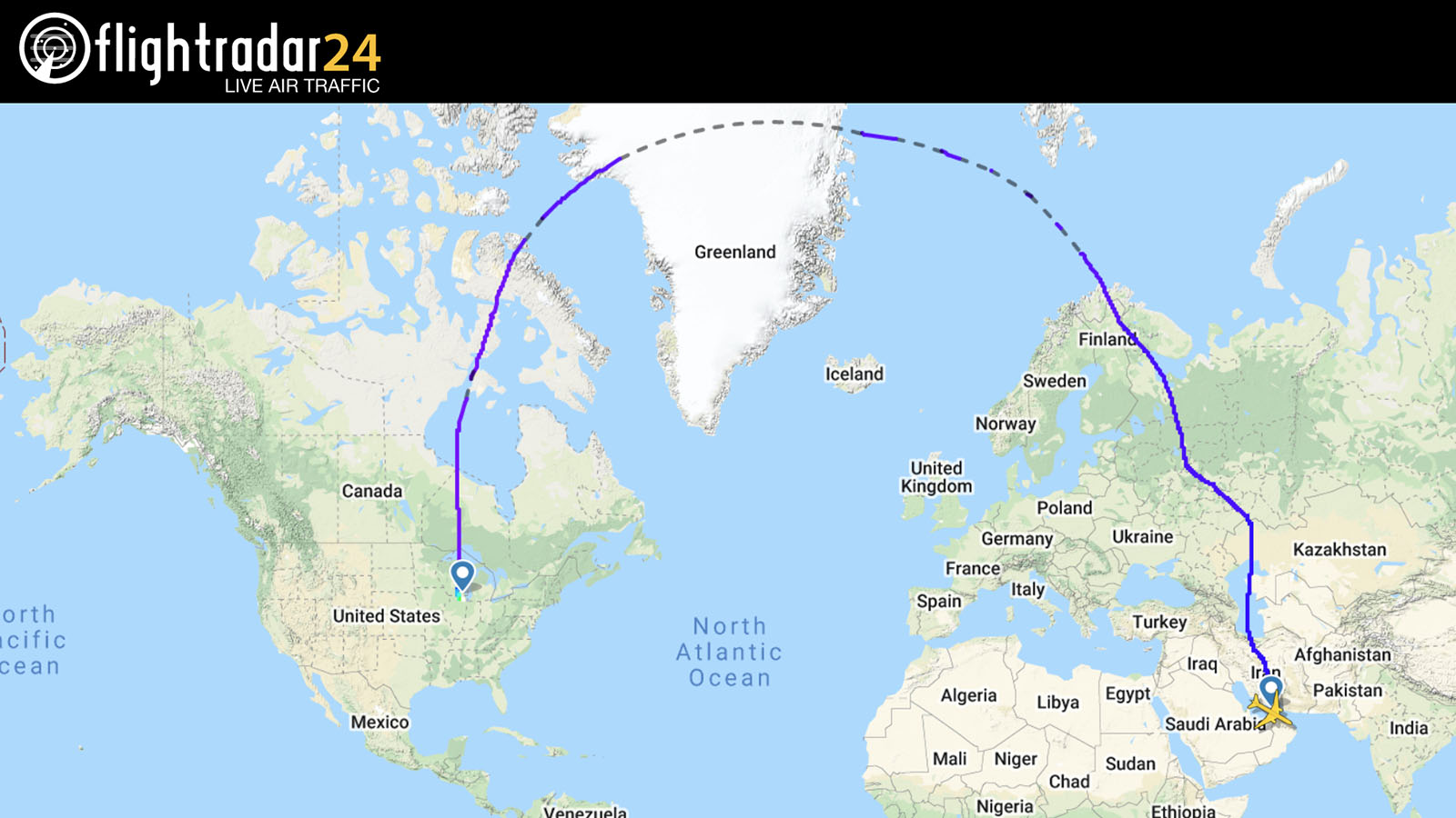 Emirates' Dubai-Chicago flight path