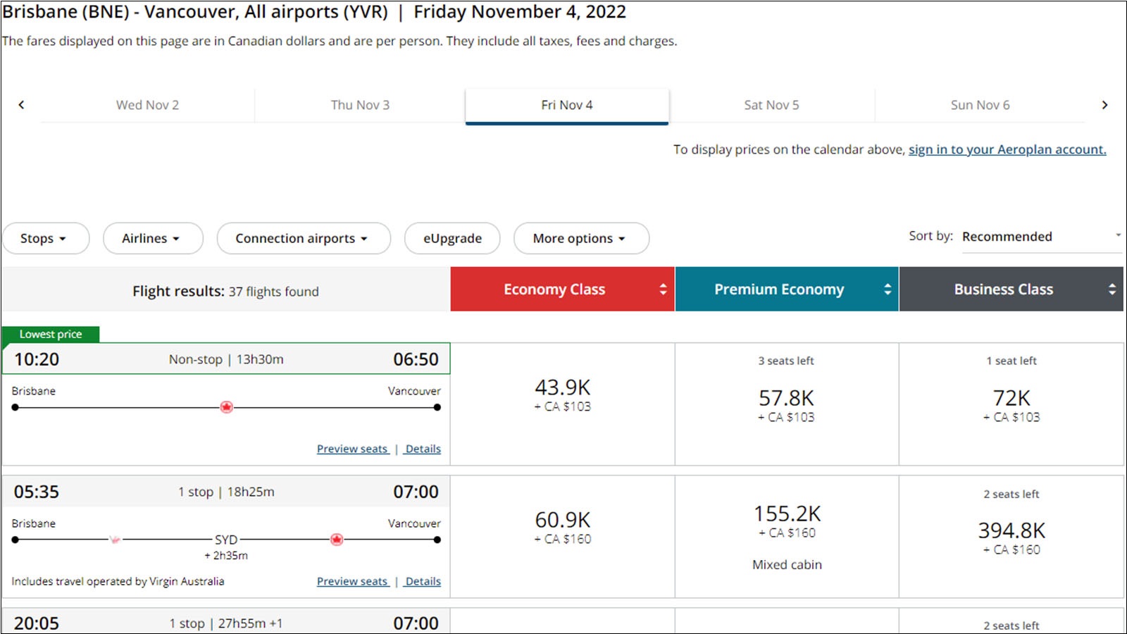 Using Aeroplan Points to fly Brisbane-Vancouver.