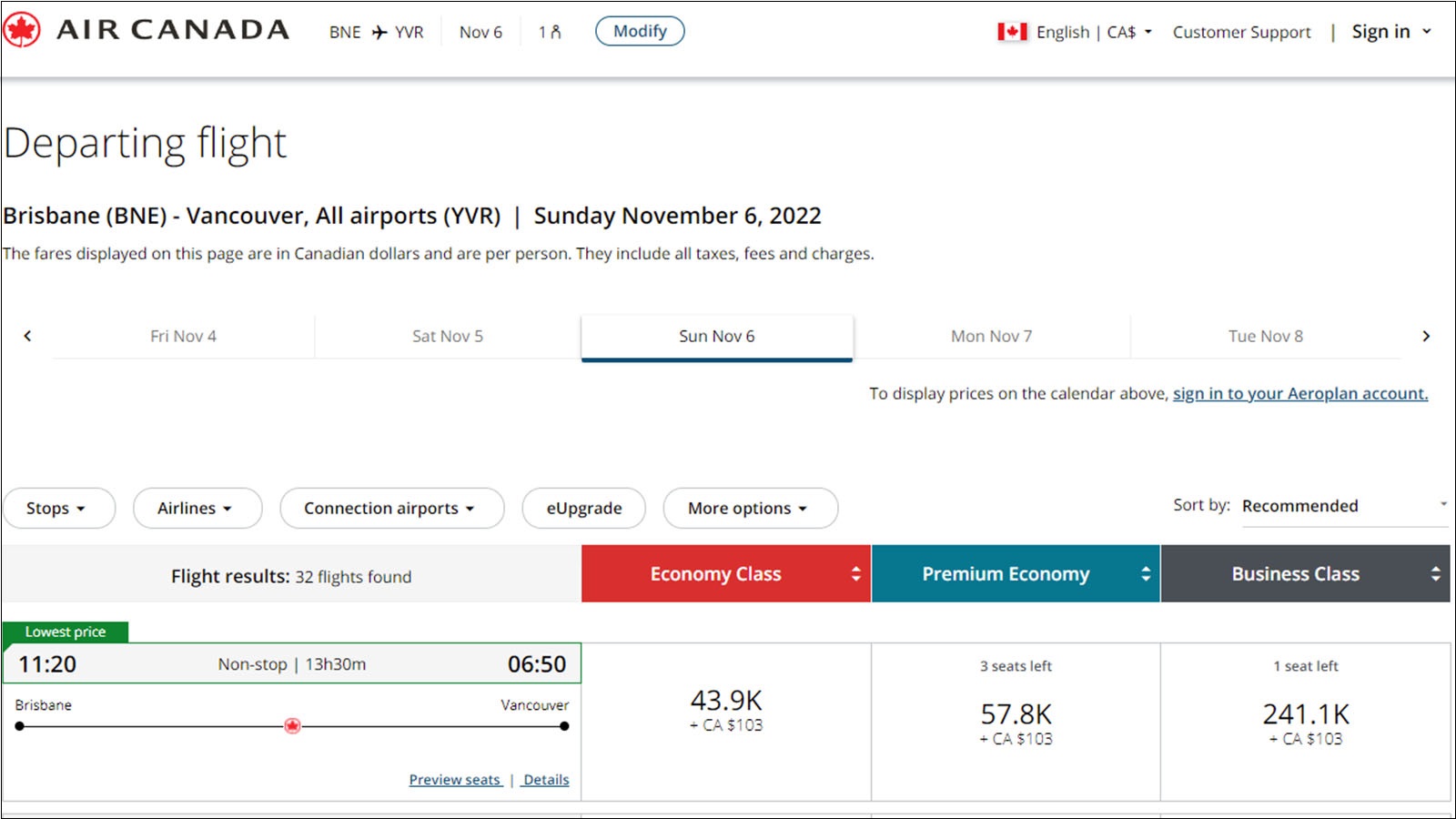 Using Aeroplan Points to fly Brisbane-Vancouver.