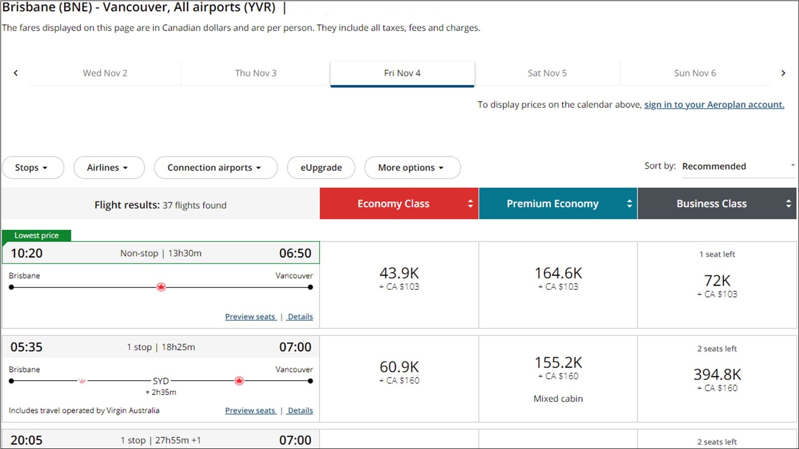 Using Aeroplan Points to fly Brisbane-Vancouver.