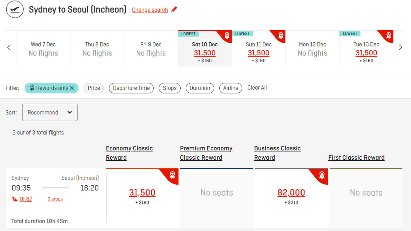 Screenshot of booking Sydney to Seoul on Qantas using points