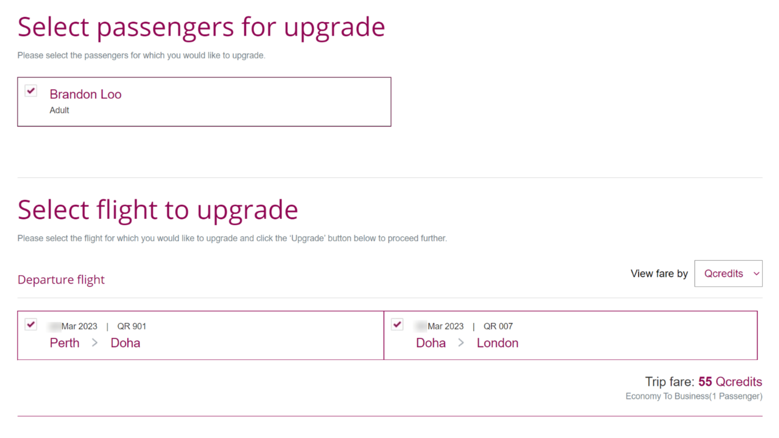 Qatar Airways Qcredits Upgrade Selection - Point Hacks