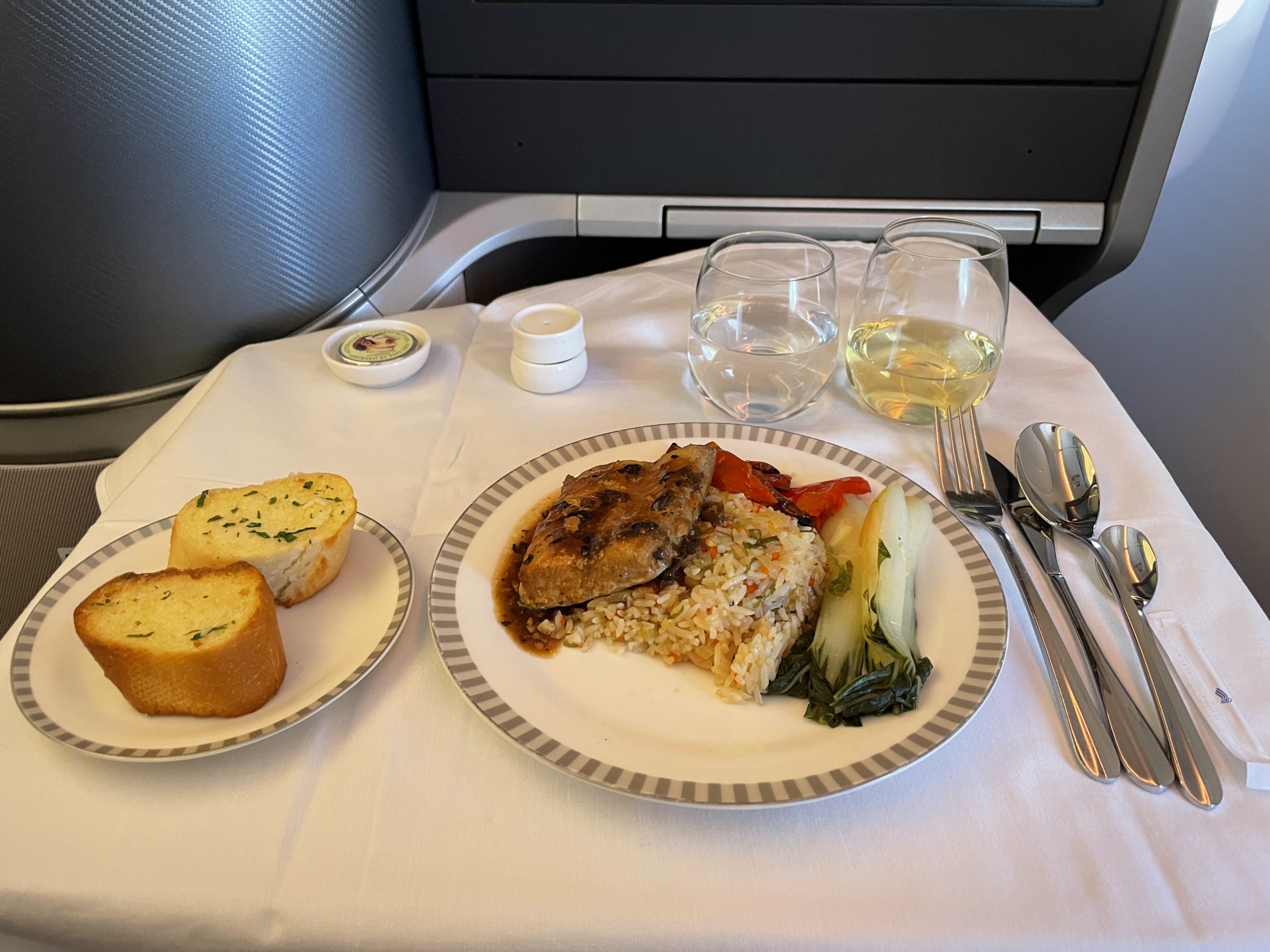 Singapore Airlines Business Class Main Meal Barramundi and Fried Rice