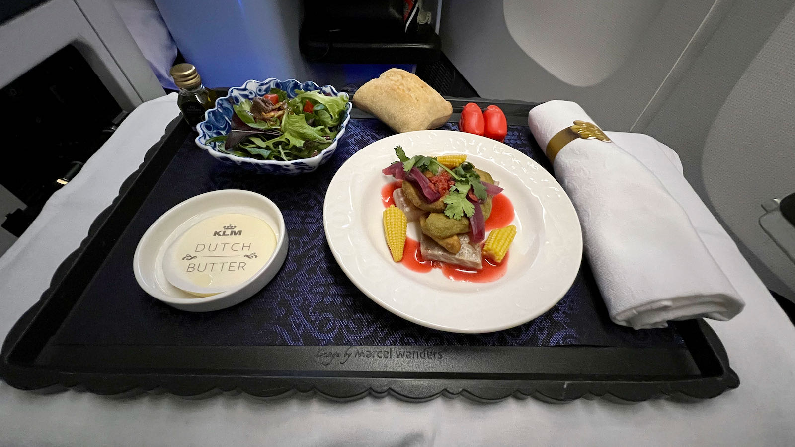 KLM Business Class sea bass ceviche entree