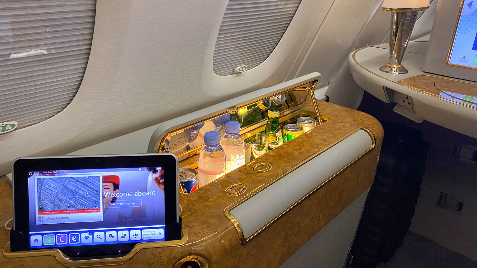 Emirates A380 First Class pop-up minibar