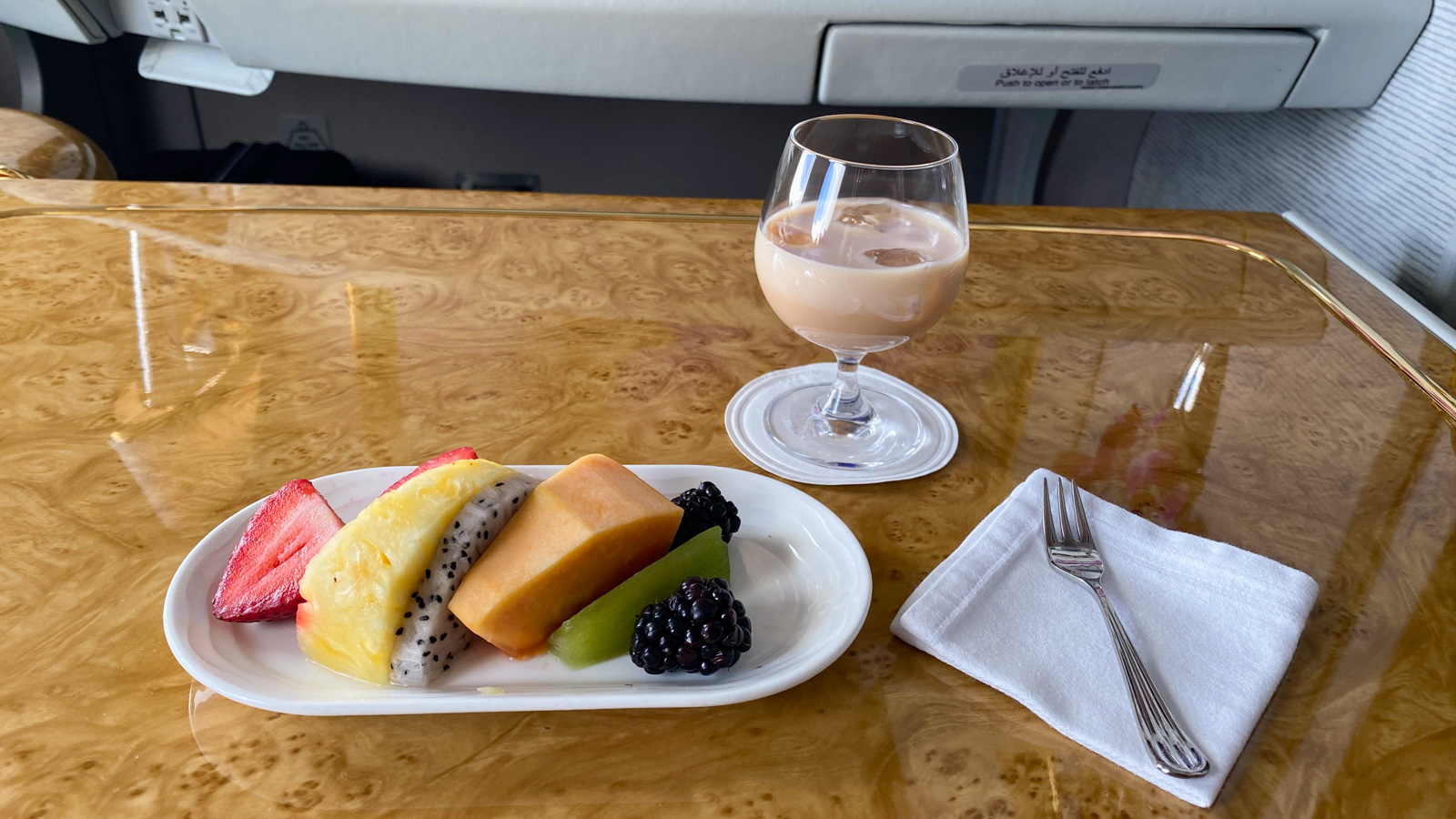 Emirates First Class amarula and fruit plate