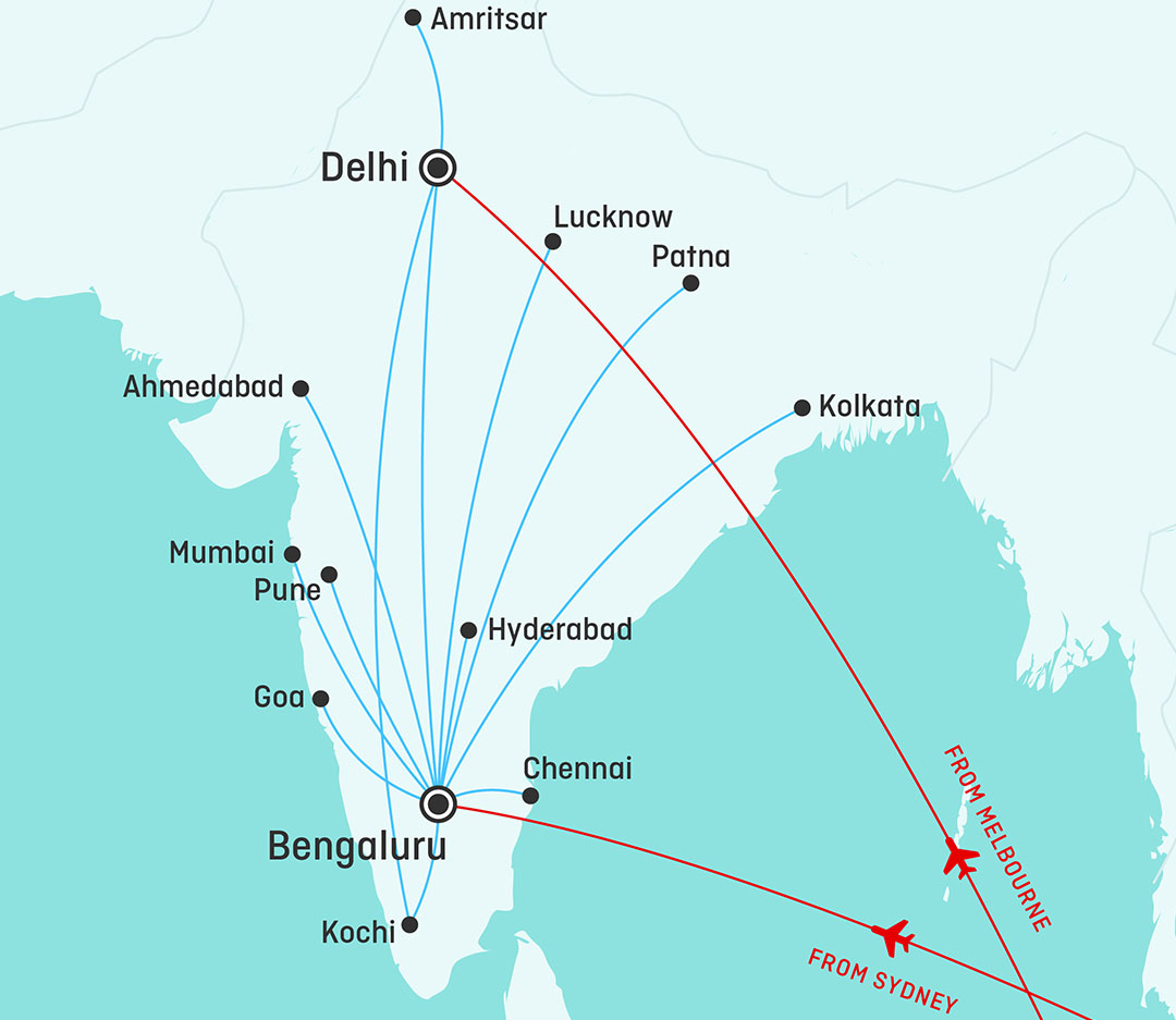 Qantas' codeshare route map on IndiGo from Bengaluru and Delhi.