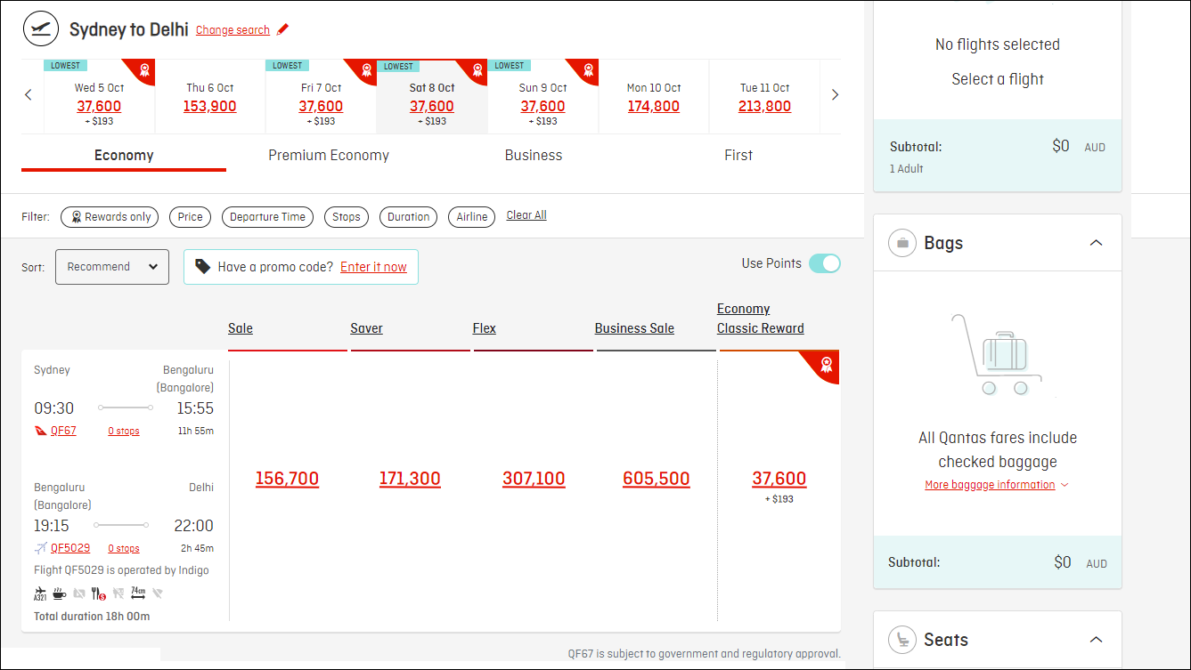 Using Qantas Points to book IndiGo flights.