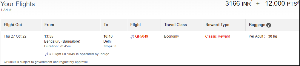 Booking Bengaluru to Delhi on IndiGo with Qantas Points.