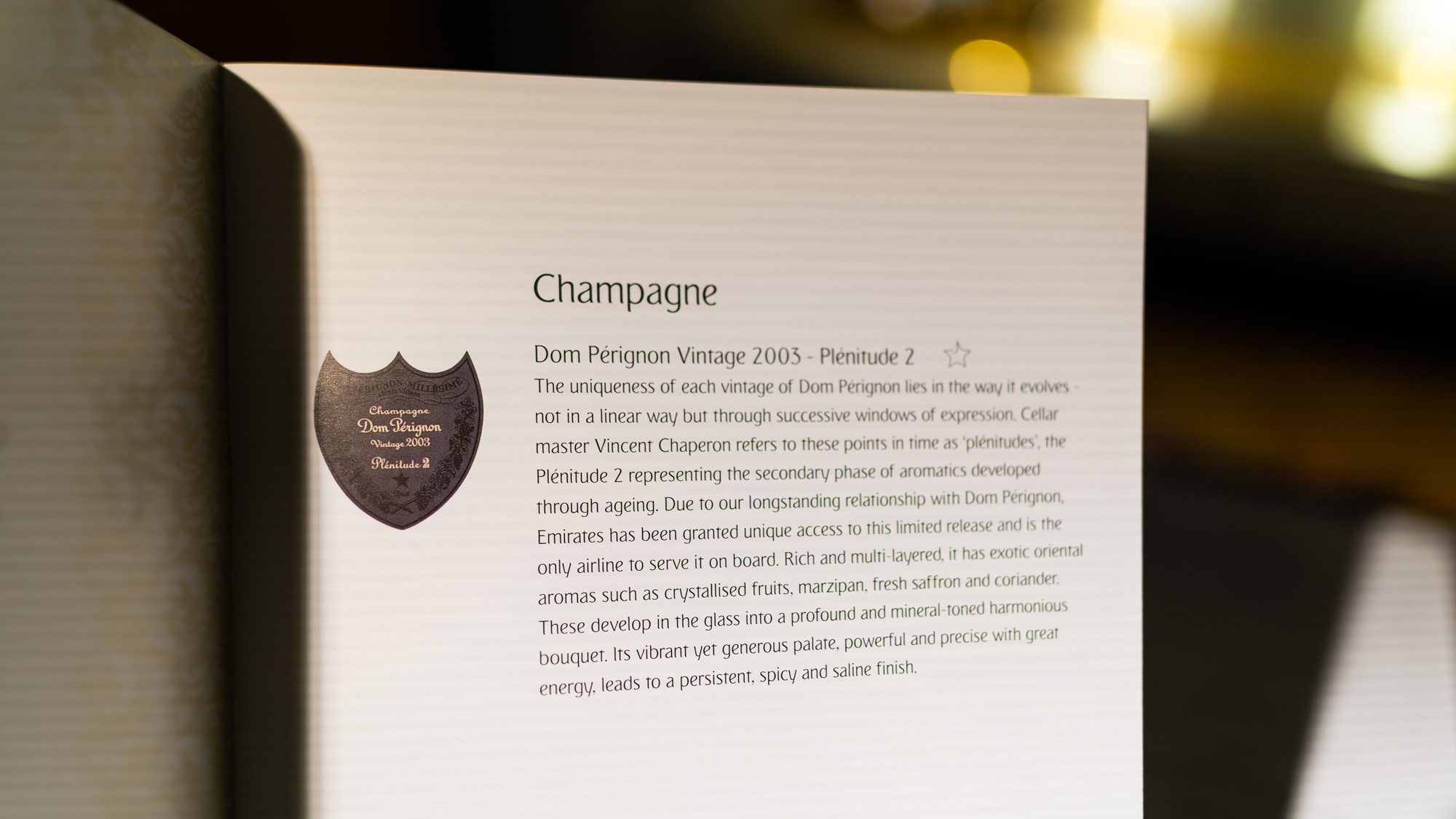 Emirates Boeing 777 First class Champagne menu