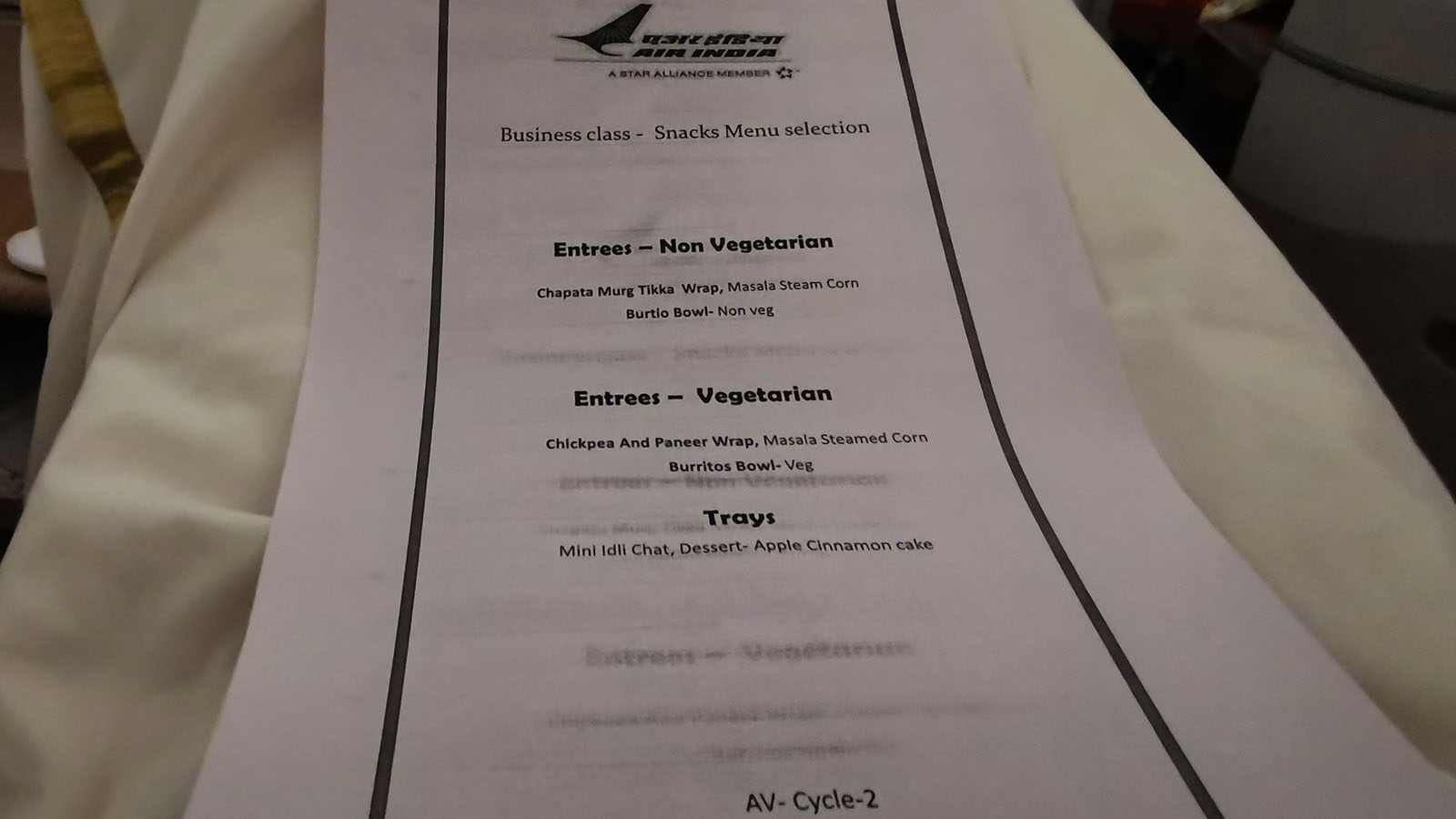 Refreshment menu in Air India's Boeing 787 Business Class