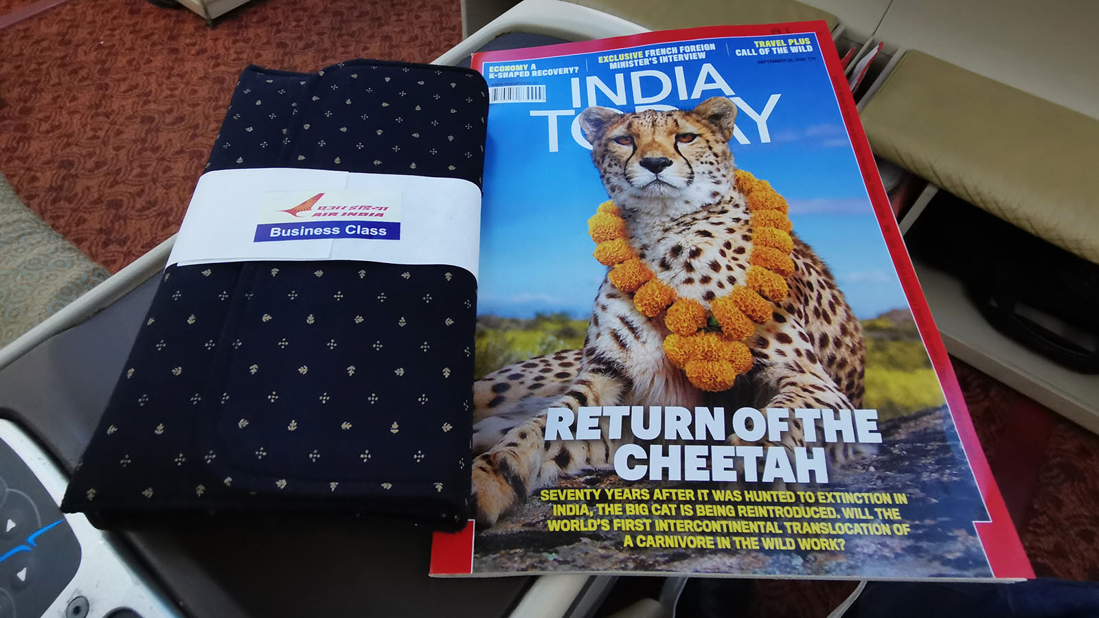 Amenity kit and reading material in Air India's Boeing 787 Business Class