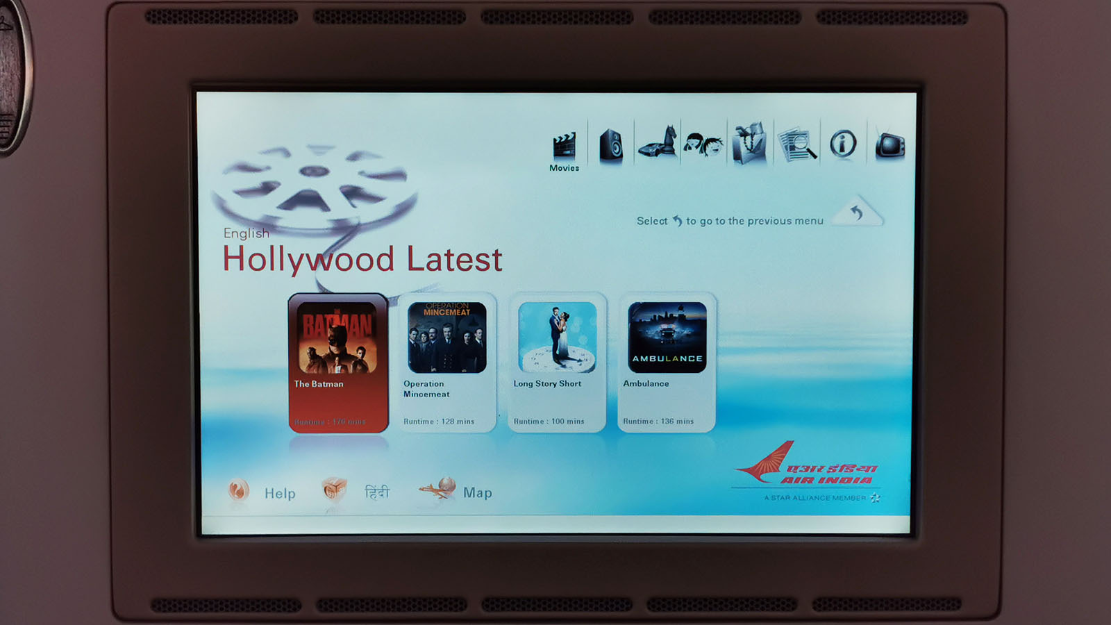 Movie selections in Air India's Boeing 787 Business Class