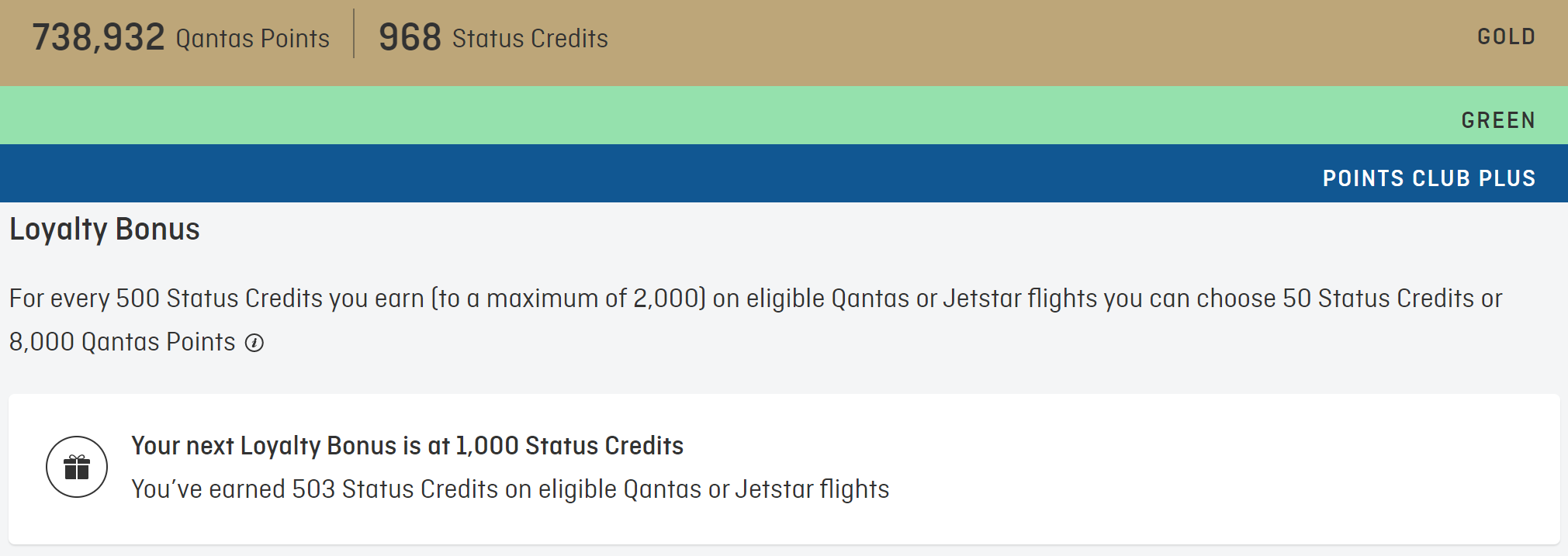 Screenshot of Qantas Loyalty Bonus progress