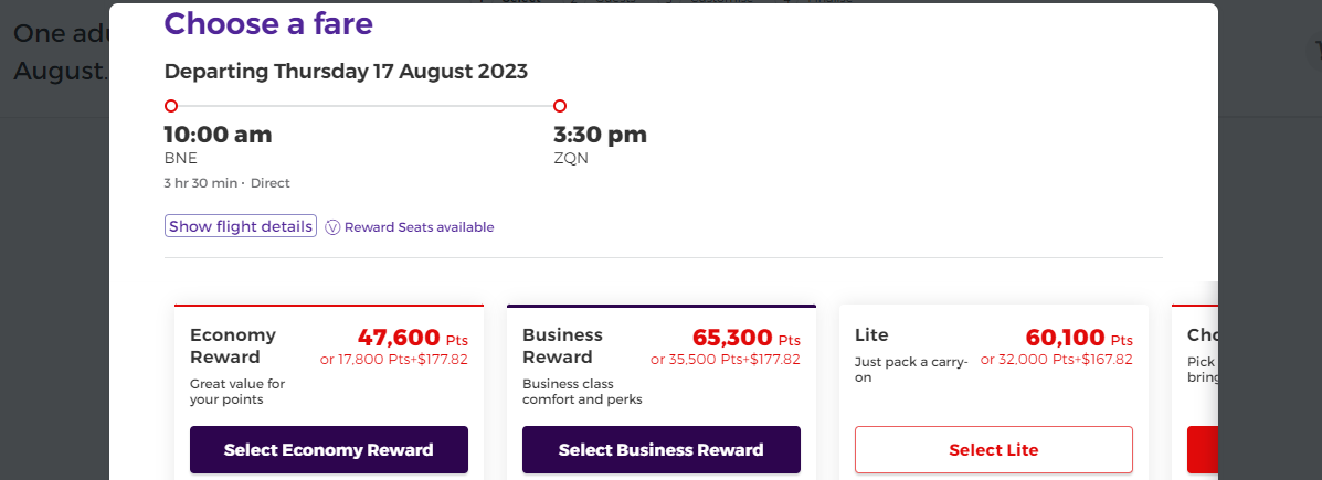 Virgin Australia booking page for Brisbane to Queenstown