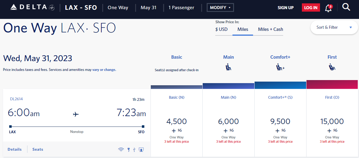 Screenshot of using Delta SkyMiles for a flight from Los Angeles to San Francisco