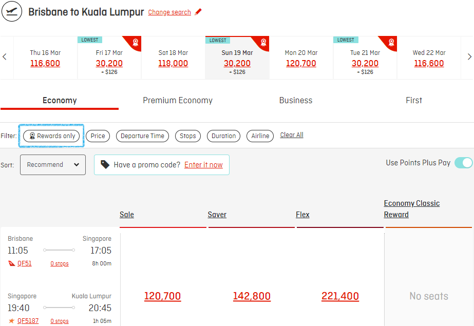 Screenshot of flights to Kuala Lumpur
