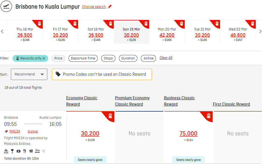 Screenshot to redeem Qantas Points to Kuala Lumpur