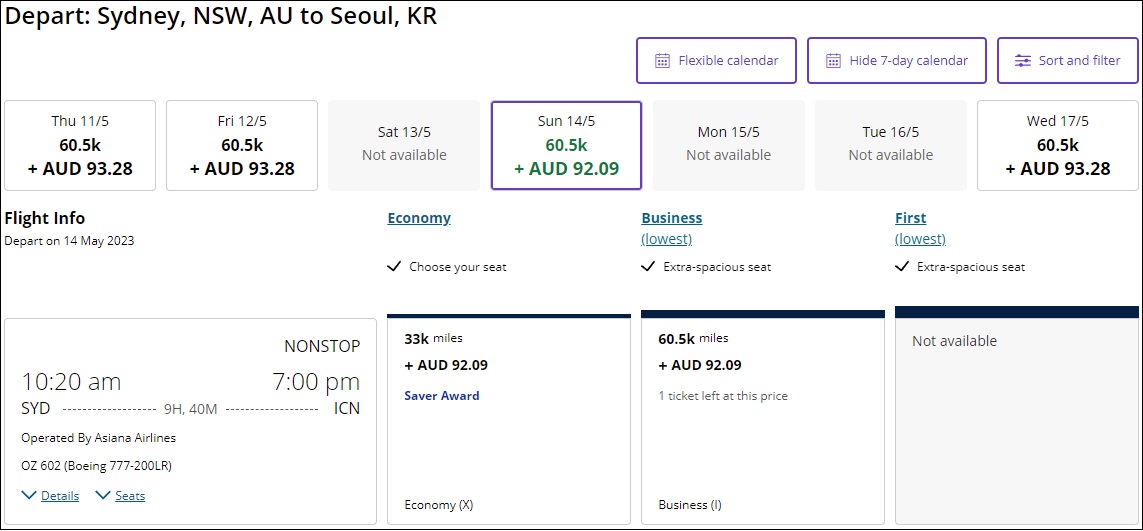 Screenshot to redeem points on Asiana