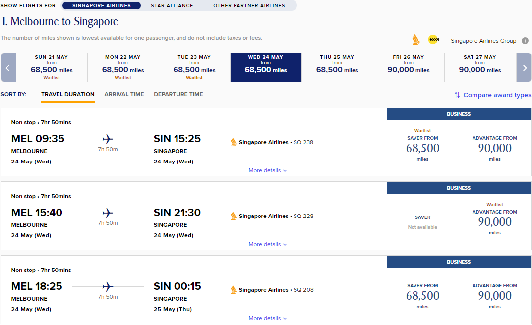 Screenshot to redeem points on Singapore Airlines