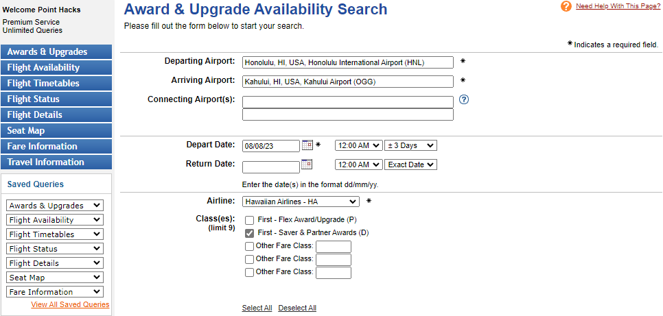 Searching reward flights on ExpertFlyer