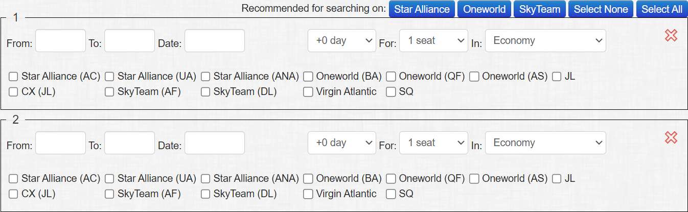 Award Nexus flight search page