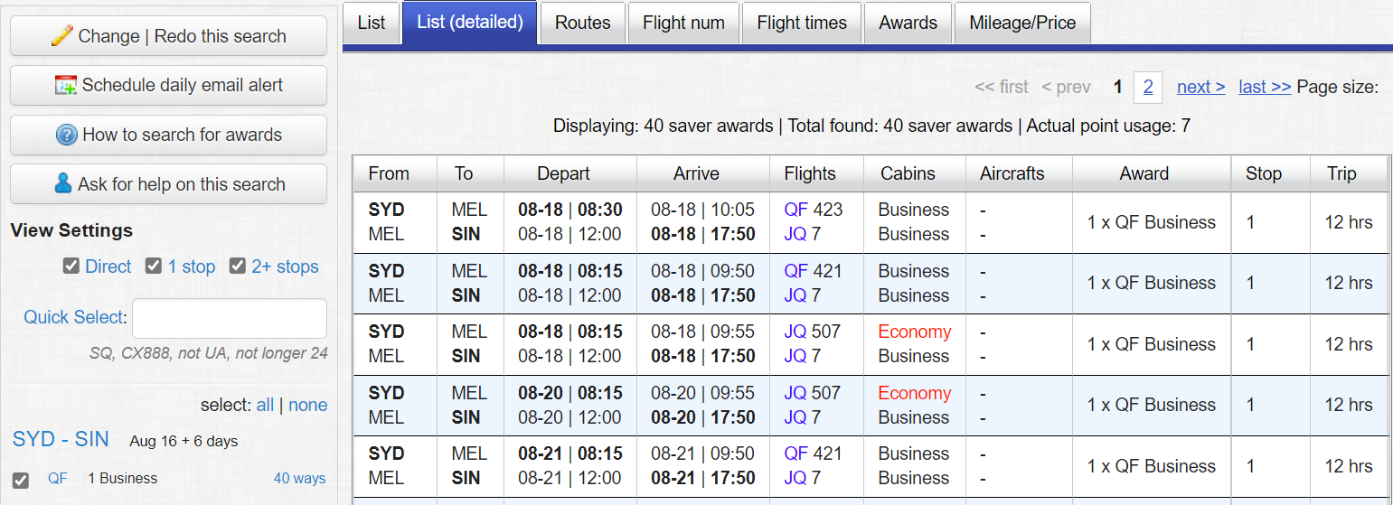 Detailed Award Nexus flight results