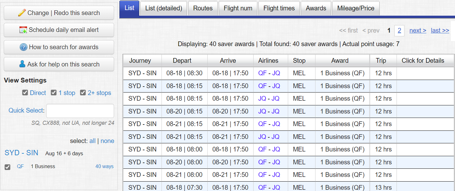 Flight results by list