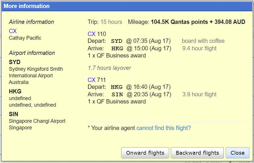 Detailed flight information in Award Nexus