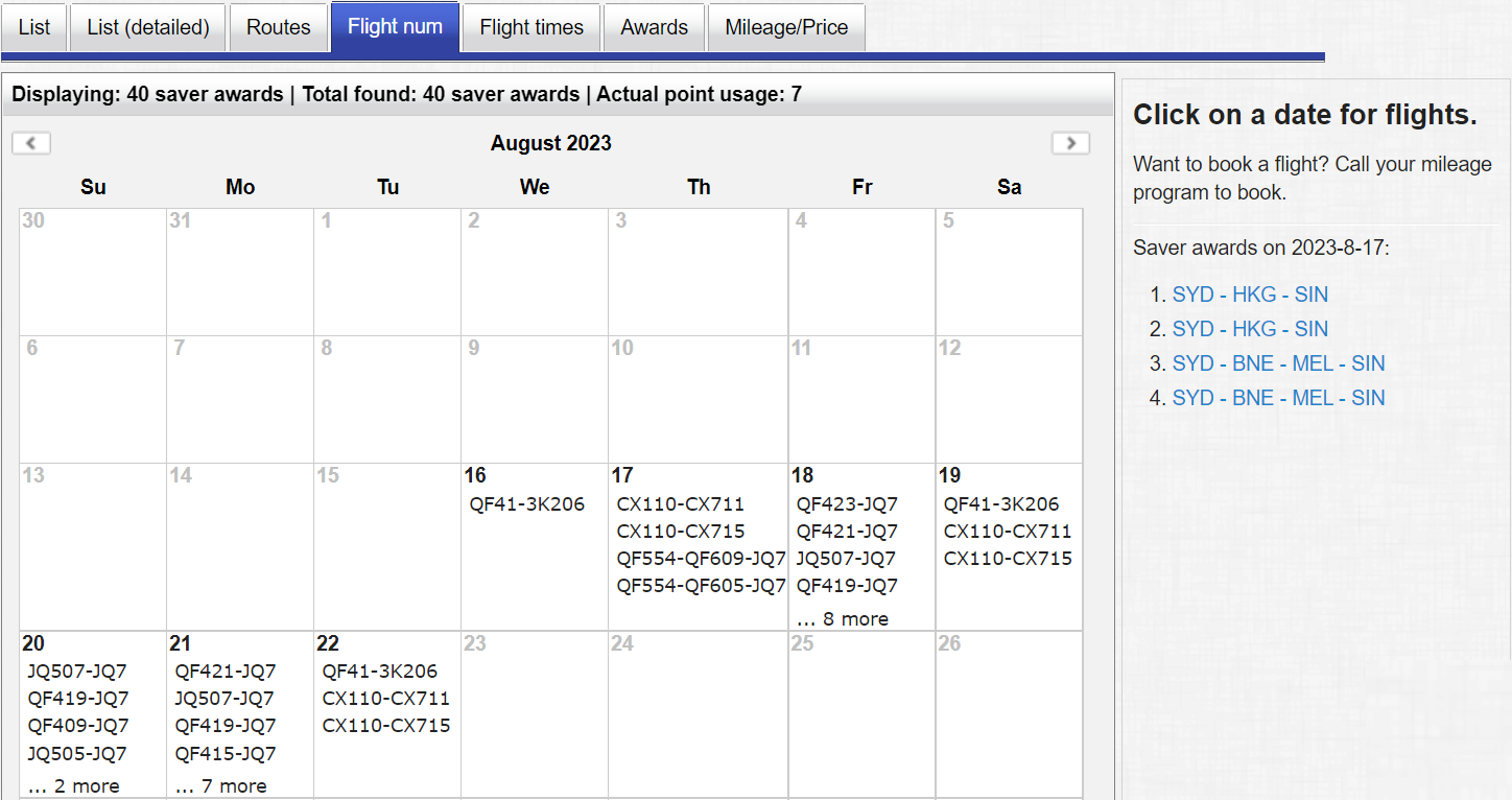 Flight numbers on display in calendar