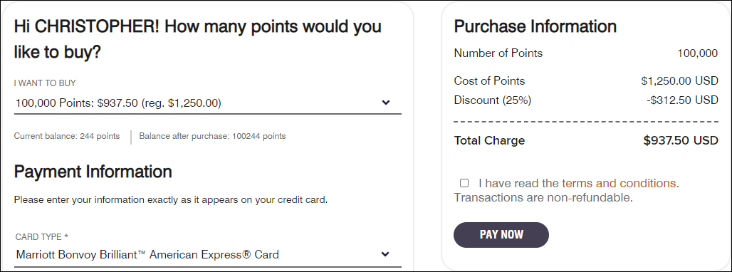 Screenshot to buy Marriott Bonvoy points