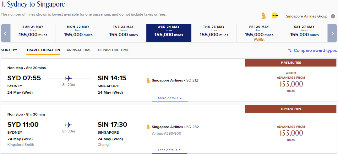 Screenshot of Singapore Airlines' Airbus A380 Suites booking options using KrisFlyer miles