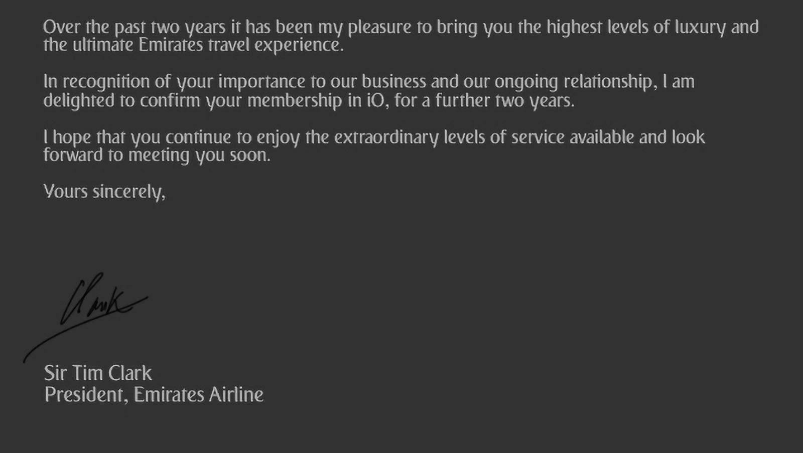 Emirates iO welcome back letter