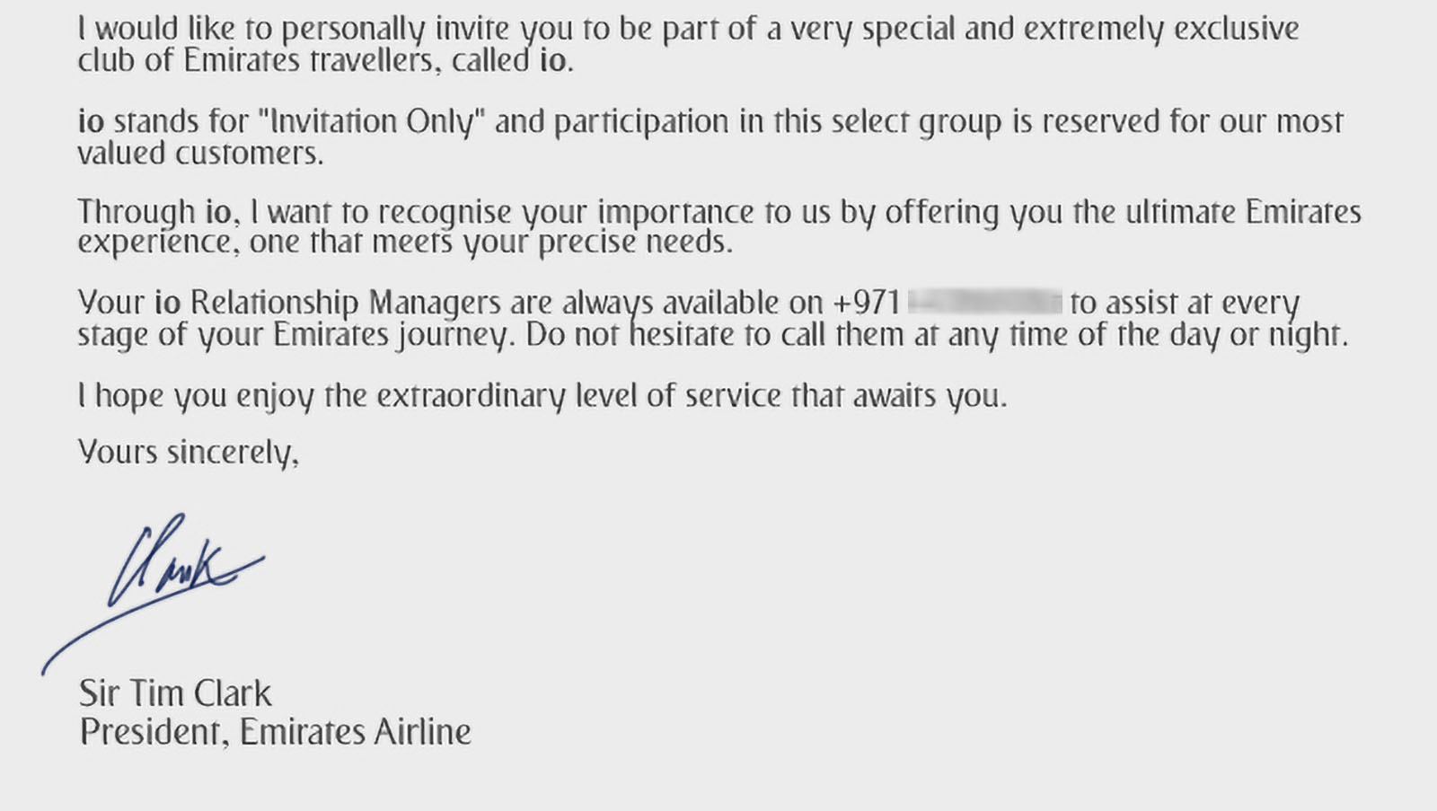 Emirates iO welcome letter