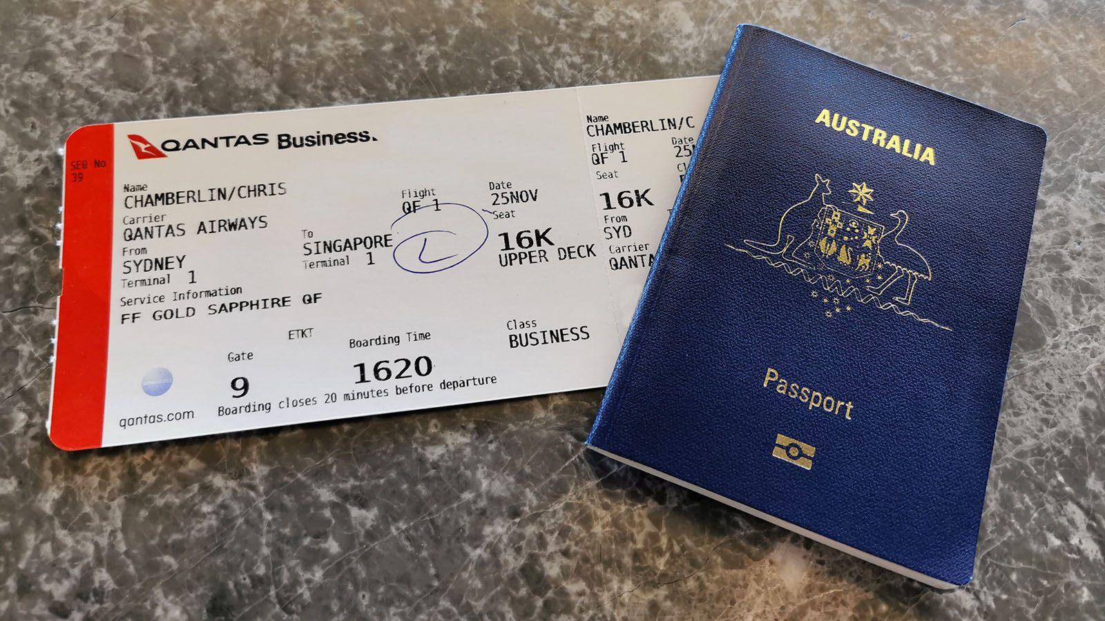 Boarding pass for Qantas Airbus A380 Business