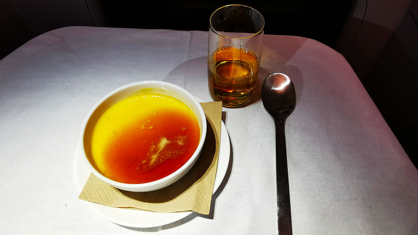 Creme caramel dessert in Qantas Airbus A380 Business