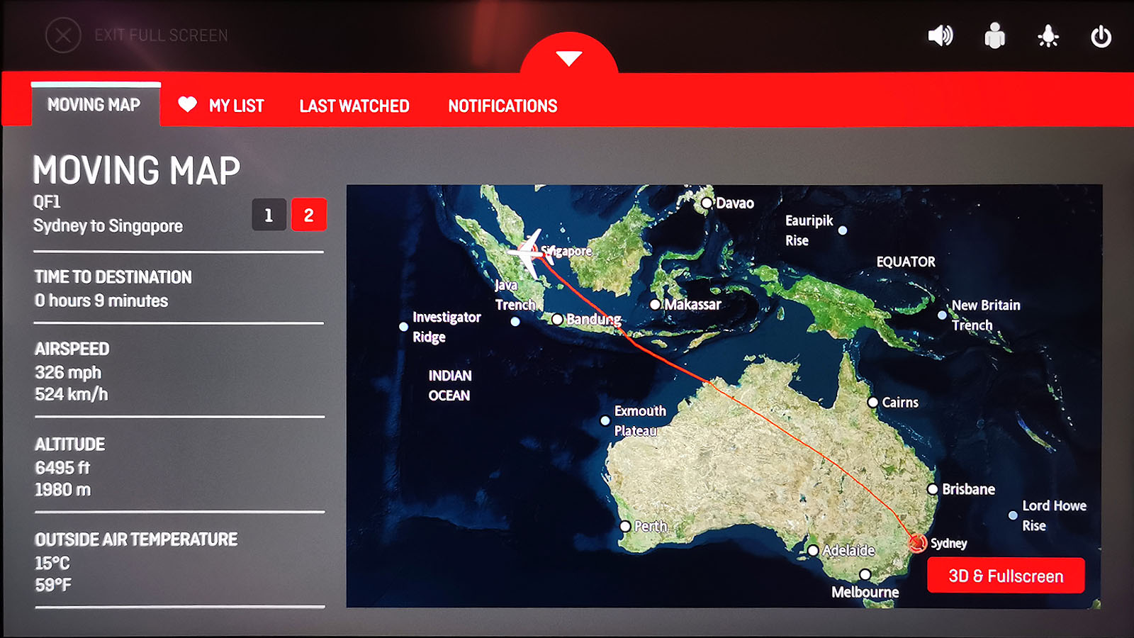 Flight route map in Qantas Airbus A380 Business
