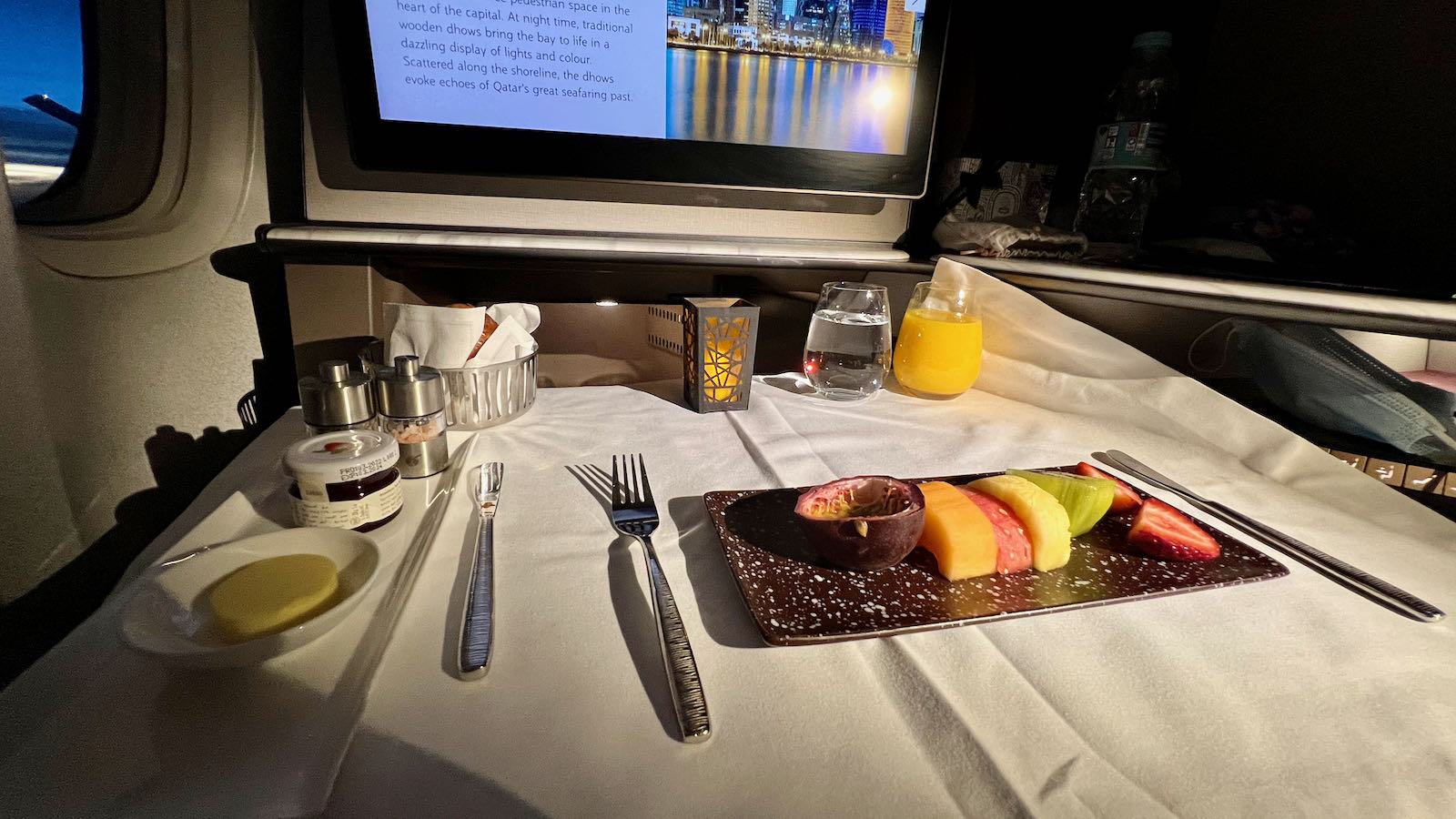 dressed table in Qatar Airways Business Class
