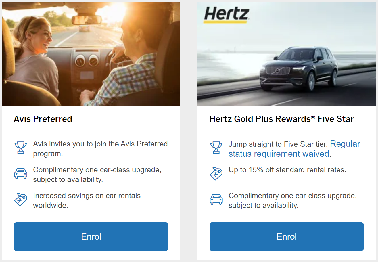 Screenshot of Amex Platinum car hire benefit selection
