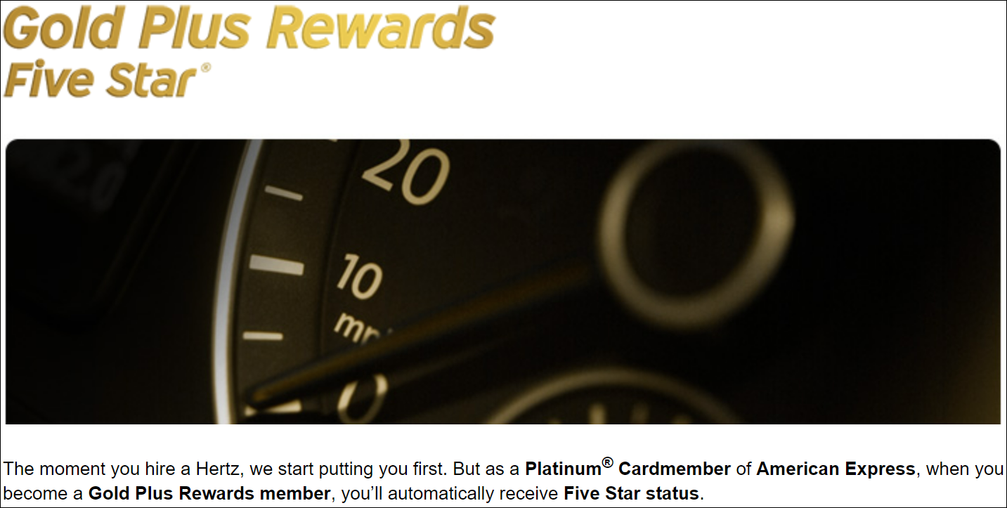 Screenshot of Amex Platinum Hertz Gold Plus Rewards Five Star offer