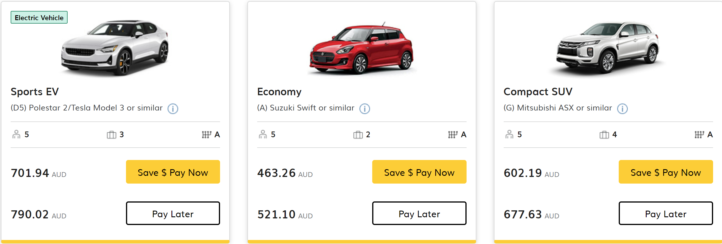 Screenshot of Hertz's public car hire rates at Sydney Airport