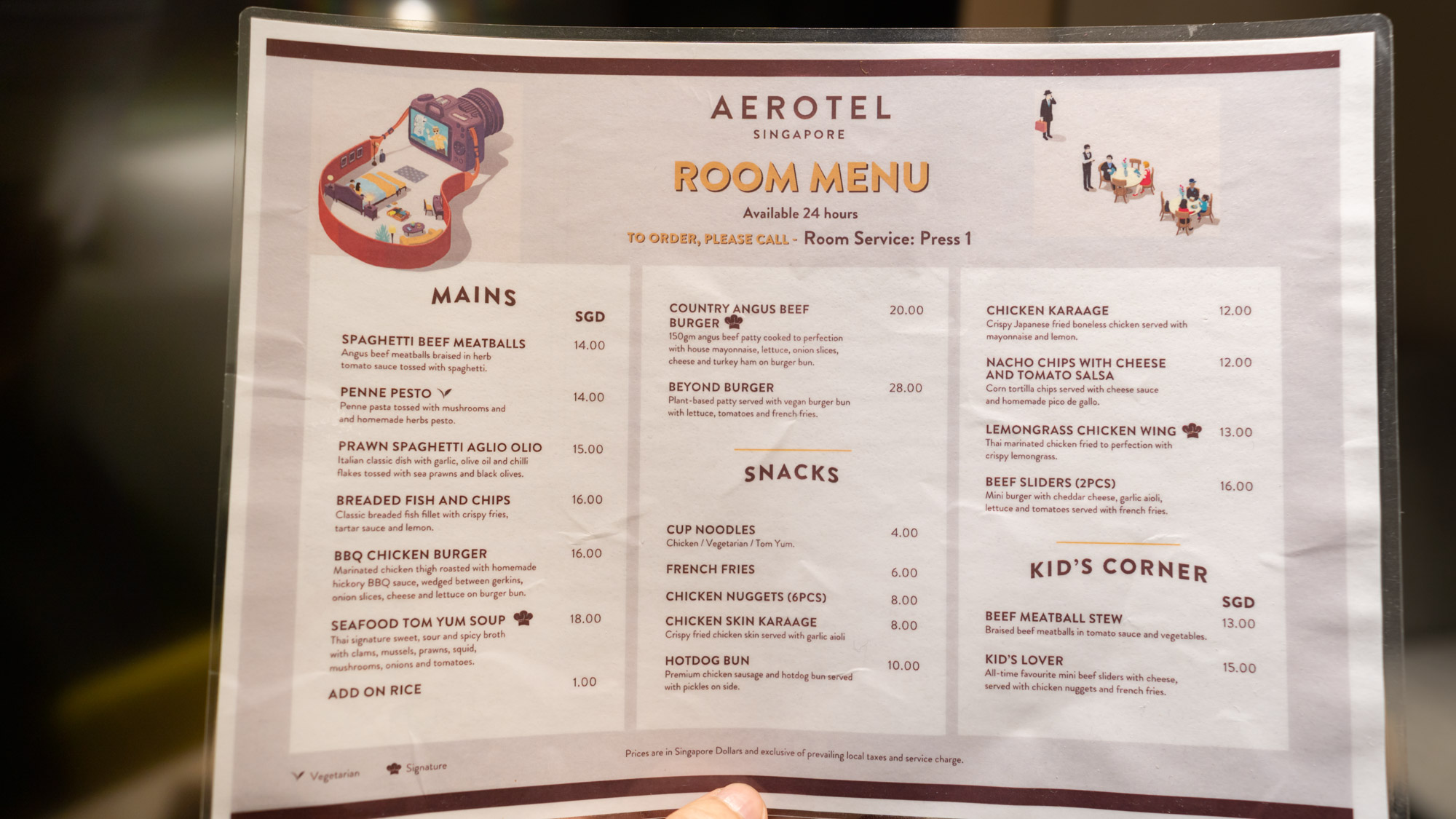 Aerotel Singapore room service menu