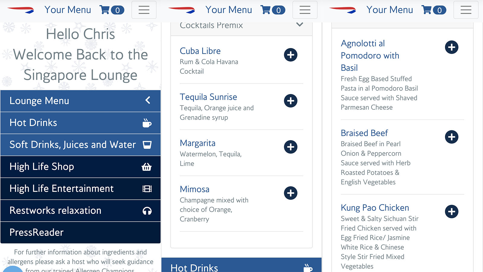 Online ordering at the British Airways Lounge, Singapore