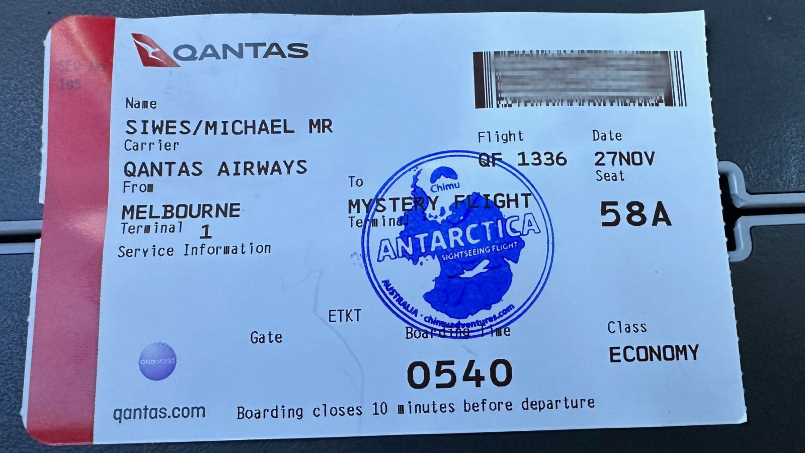 Boarding Pass - South Pole Flight